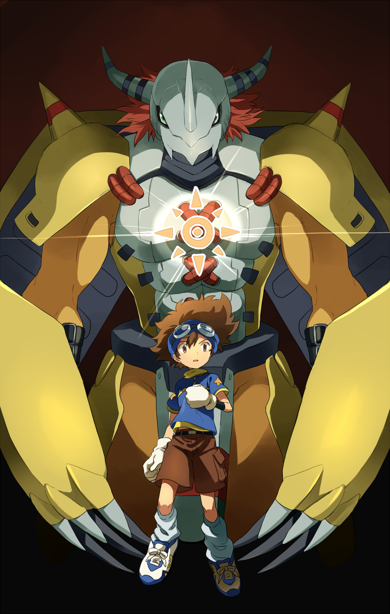 armor bad_id bad_pixiv_id belt brown_eyes brown_hair buckle claws digimon digimon_adventure gauntlets gloves glowing goggles goggles_on_head green_eyes helmet highres horns male_focus red_hair short_hair shorts shoulder_pads socks spikes star torinomaruyaki wargreymon yagami_taichi