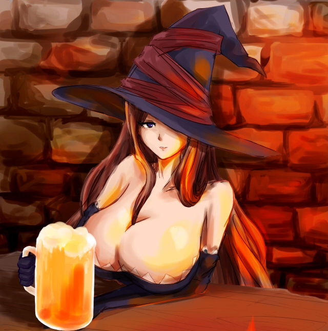 bare_shoulders blue_eyes breasts brown_hair cleavage cup dragon's_crown elbow_gloves gloves hat hat_over_one_eye huge_breasts long_hair mug oshugu solo sorceress_(dragon's_crown) table witch_hat