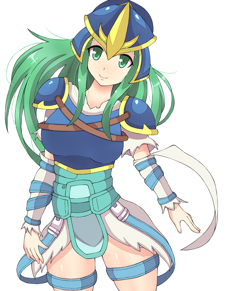 armor blue_armor fire_emblem fire_emblem:_akatsuki_no_megami green_eyes green_hair helmet himuyoshiki long_hair looking_at_viewer nephenee pauldrons simple_background smile solo thighs white_background