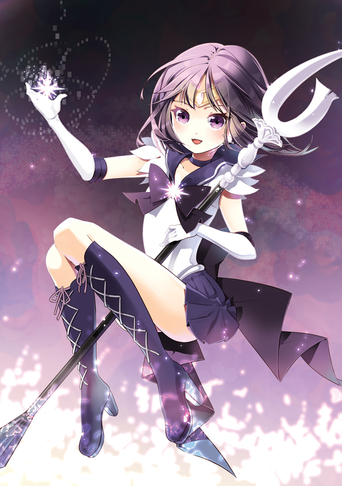 back_bow bad_id bad_pixiv_id bishoujo_senshi_sailor_moon black_bow blush boots bow choker circlet collarbone elbow_gloves gloves holding holding_spear holding_weapon knee_boots magical_girl open_mouth polearm purple_eyes purple_footwear purple_hair purple_sailor_collar purple_skirt sailor_collar sailor_saturn sailor_senshi_uniform seal_(pukozin) silence_glaive skirt solo spear tomoe_hotaru weapon white_gloves