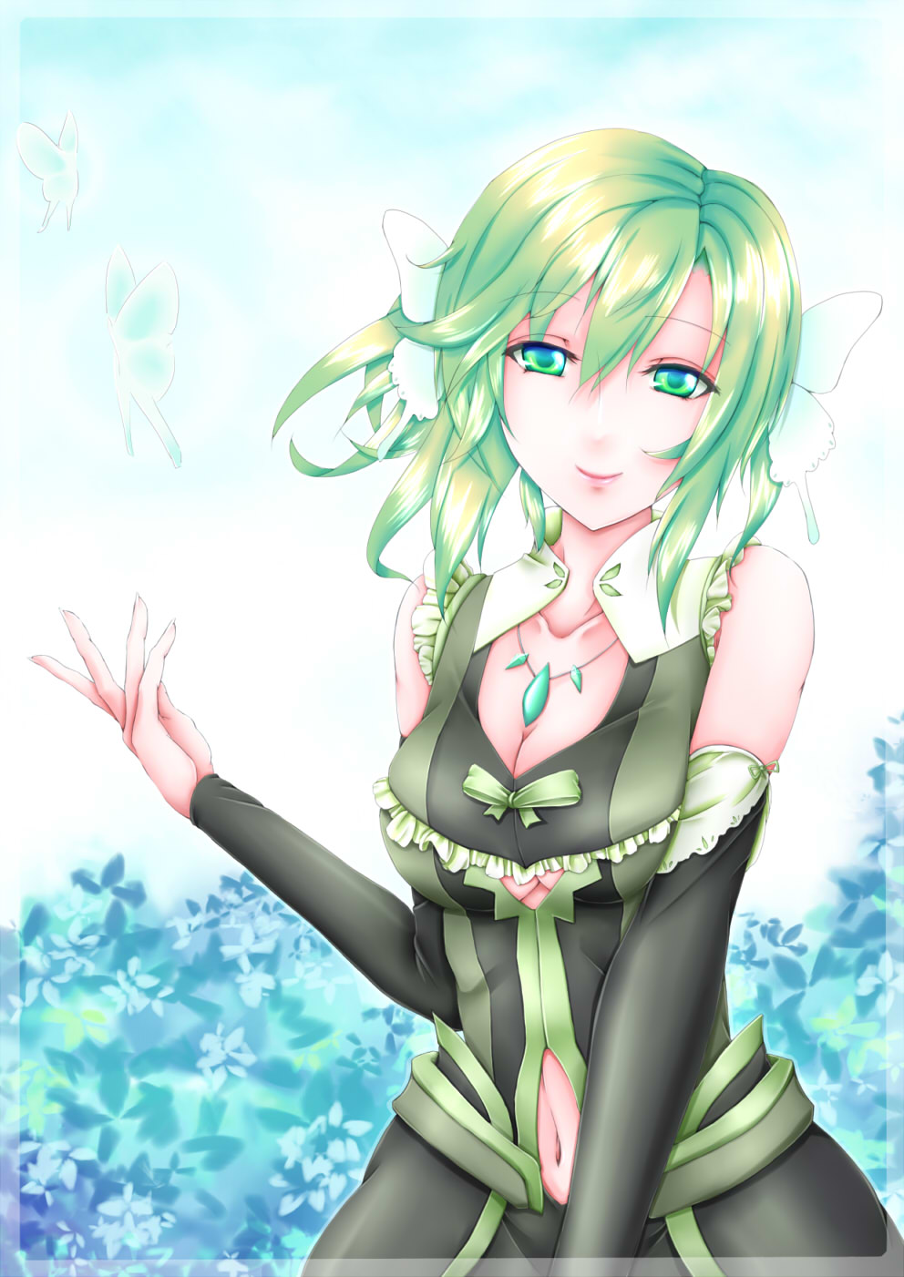 breasts bug butterfly cleavage colorized green_eyes green_hair highres insect jewelry looking_at_viewer medium_breasts navel necklace original siki_amasa smile solo