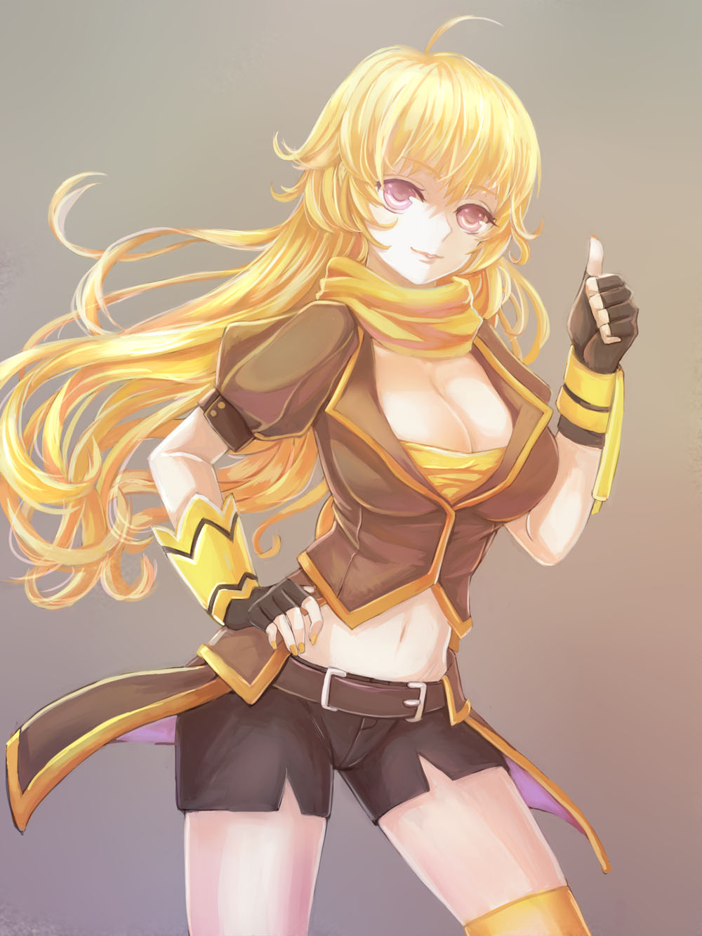 blonde_hair breasts cleavage fingerless_gloves gauntlets gloves highres long_hair medium_breasts purple_eyes ringovalent rwby solo thumbs_up yang_xiao_long