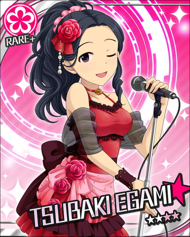 ;d artist_request black_eyes black_hair card_(medium) character_name egami_tsubaki flower flower_(symbol) hair_flower hair_ornament idolmaster idolmaster_cinderella_girls microphone microphone_stand official_art one_eye_closed open_mouth pink_background smile solo