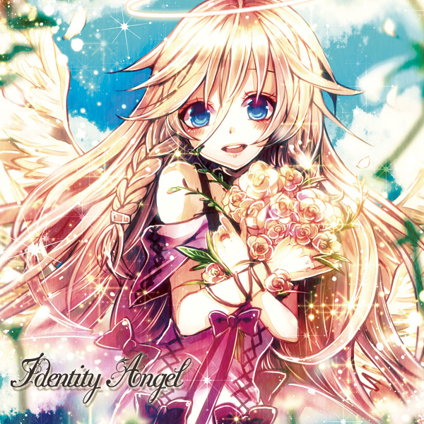 angel angel_wings bad_id bad_pixiv_id blue_eyes bouquet dress flower ia_(vocaloid) long_hair pink_hair sazanami_shione sky solo vocaloid wings