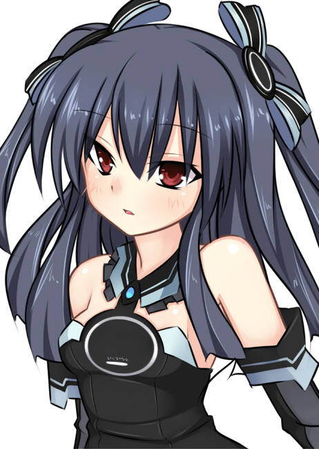 bare_shoulders black_hair blush bow breasts choujigen_game_neptune_mk2 elbow_gloves gloves hair_ornament hair_ribbon meimu_(infinity) neptune_(series) parted_lips red_eyes ribbon simple_background small_breasts solo two_side_up uni_(choujigen_game_neptune) upper_body white_background