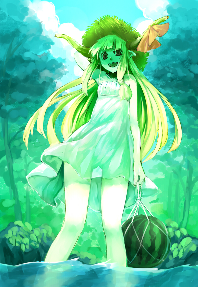 :d alternate_costume arm_behind_head bare_shoulders blonde_hair brown_eyes dress food forest fruit hat horn_ribbon horns ibuki_suika long_hair nature nishiuri open_mouth pointy_ears ribbon see-through smile solo straw_hat sun_hat sundress touhou tree very_long_hair wading water watermelon white_dress