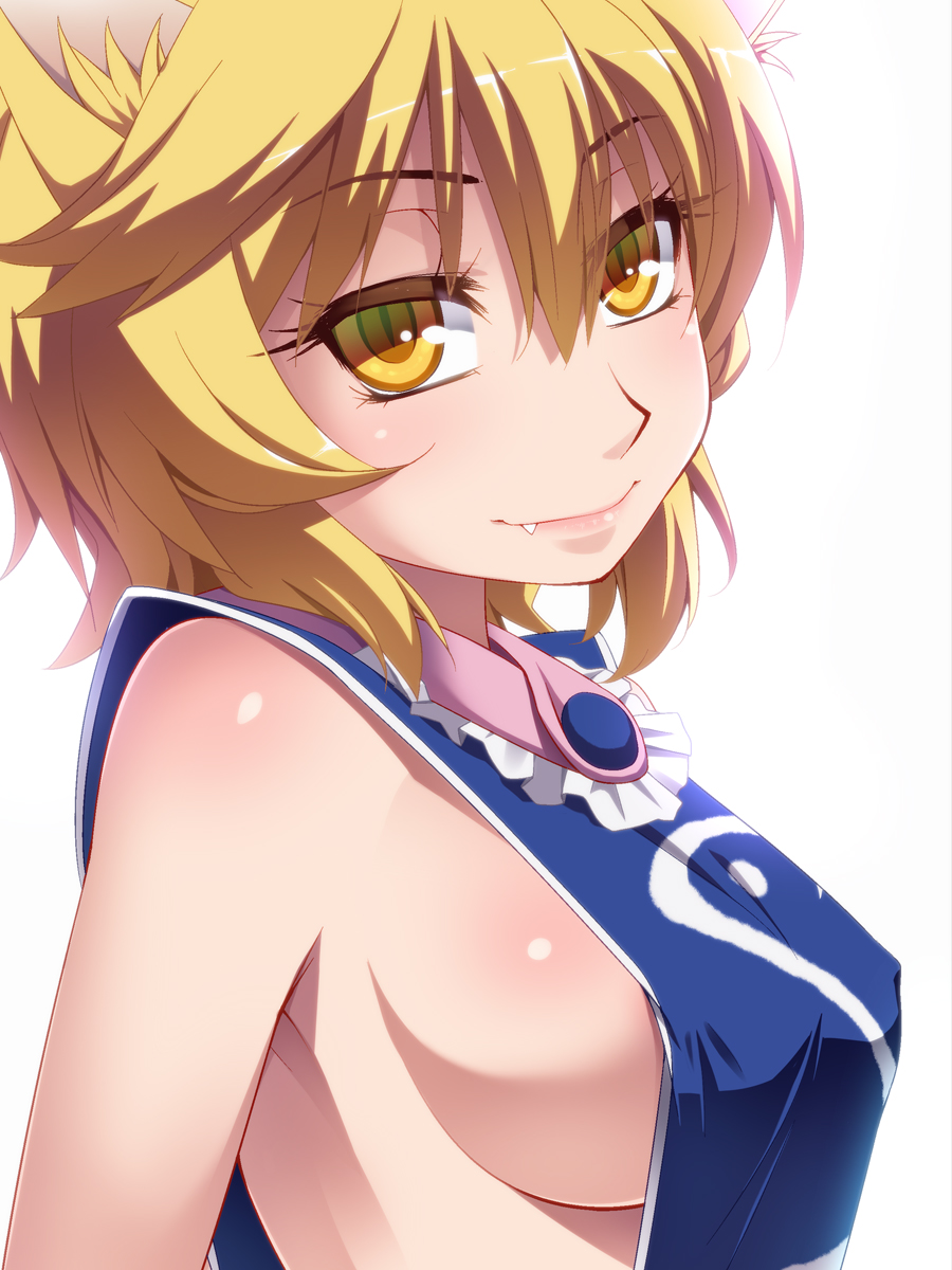 animal_ears bare_arms blonde_hair blush breasts commentary_request fang fox_ears hayashi_custom highres looking_at_viewer medium_breasts naked_tabard no_hat no_headwear short_hair sideboob simple_background smile solo tabard touhou white_background yakumo_ran yellow_eyes