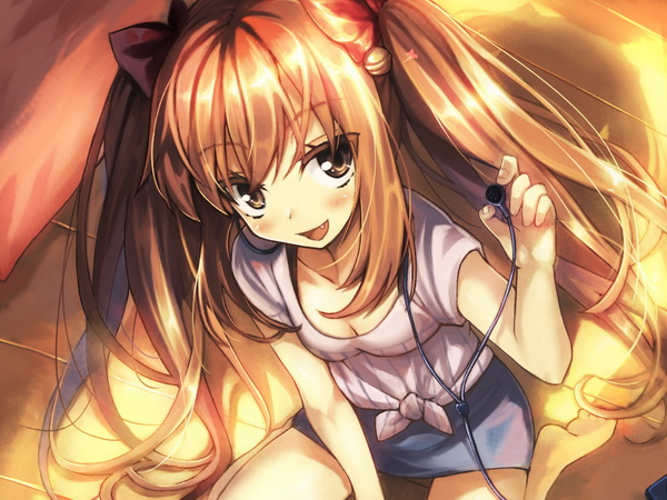 bad_id bad_pixiv_id barefoot bell breasts brown_eyes brown_hair cleavage collarbone earphones fang hair_bell hair_ornament hair_ribbon light_brown_hair long_hair medium_breasts miniskirt open_mouth original redcomet ribbon shared_earphones shirt short_sleeves sitting skirt smile solo twintails very_long_hair wariza