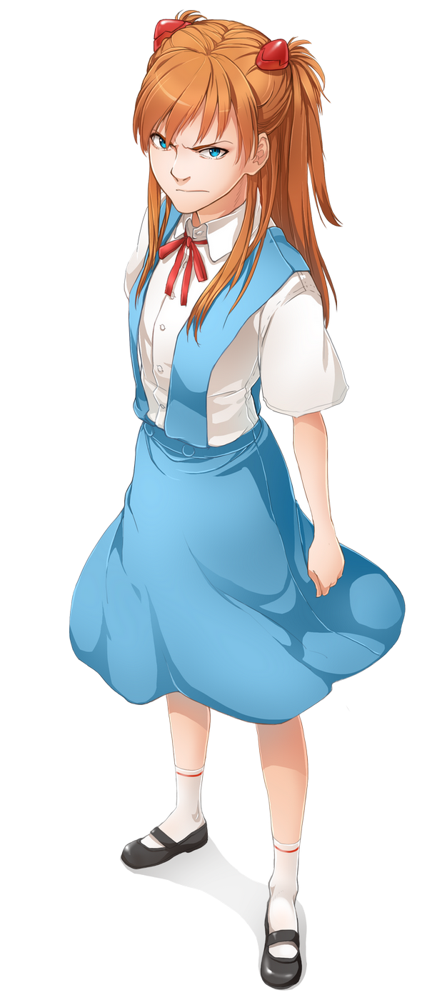 angry blue_eyes frown full_body hair_ornament highres kneehighs loafers long_hair mary_janes neon_genesis_evangelion red_hair school_uniform shoes skirt soemy solo souryuu_asuka_langley transparent_background