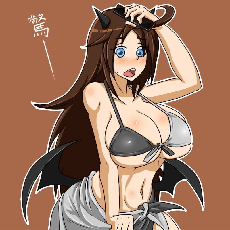 1girl bikini bikini_top black_wings blue_eyes breasts brown_hair demon_girl demon_wings dr.kumamushi female horns huge_breasts leaning_forward long_hair navel open_mouth original simple_background solo standing string_bikini succubus surprised swimsuit translated wings