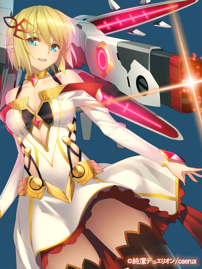 aqua_eyes bare_shoulders blonde_hair copyright_name dress energy_gun hair_ornament junketsu_duelion laser_rifle mecha_musume mil_valentin official_art open_mouth pointy_ears short_hair solo thighhighs translated watermark weapon yangsion