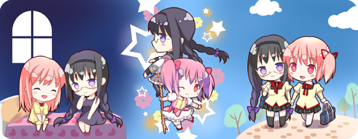 akemi_homura bag bed black_hair blush_stickers bookbag bow_(weapon) braid chibi glasses hair_down hair_ribbon kaname_madoka long_hair mahou_shoujo_madoka_magica multiple_girls nasunoko one_eye_closed pantyhose pink_eyes pink_hair purple_eyes ribbon school_uniform short_hair skirt smile thighhighs twin_braids twintails weapon