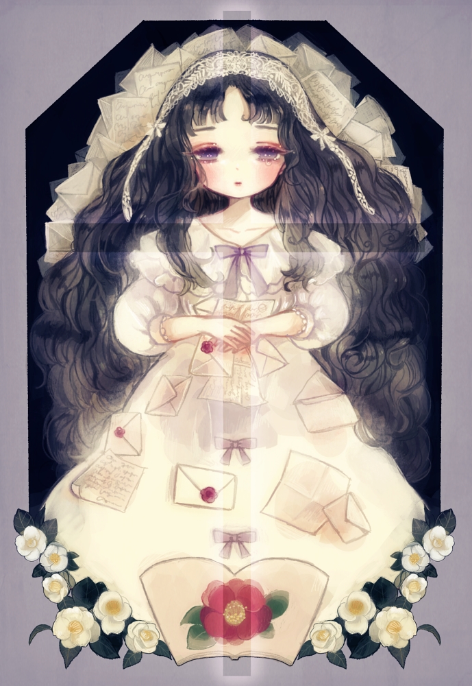 camellia cross dress flower hairband letter lips long_hair long_sleeves original purple_eyes solo tears wedding_dress yujup