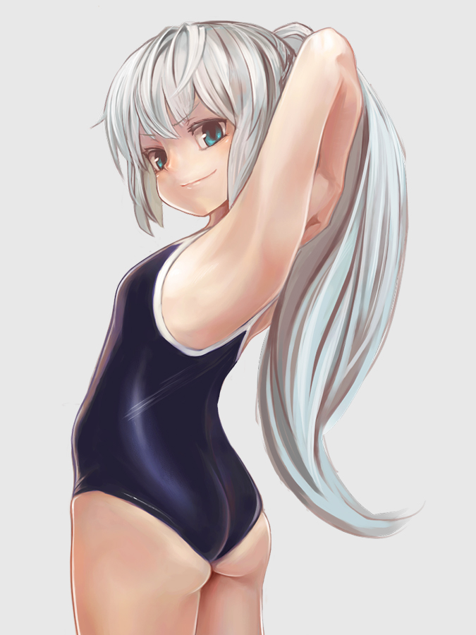 aqua_eyes armpits arms_behind_head arms_up ass back blue_swimsuit competition_school_swimsuit konnyaku_(kk-monmon) long_hair looking_at_viewer looking_back mononobe_no_futo one-piece_swimsuit ponytail silver_hair skindentation smile solo swimsuit touhou very_long_hair