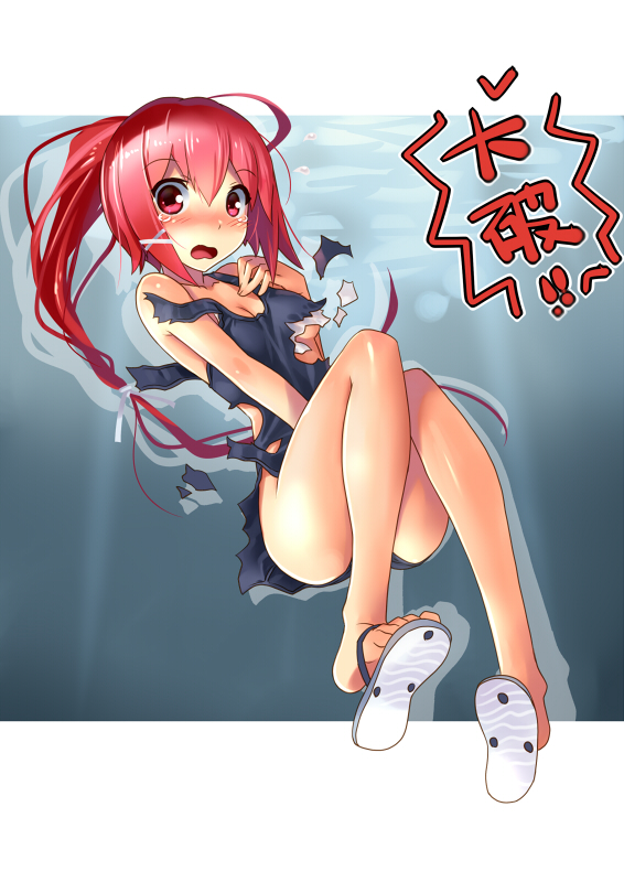 blush flip-flops full_body i-168_(kantai_collection) kantai_collection katahira_masashi long_hair looking_at_viewer one-piece_swimsuit open_mouth ponytail red_eyes red_hair sandals school_swimsuit solo swimsuit torn_clothes torn_swimsuit