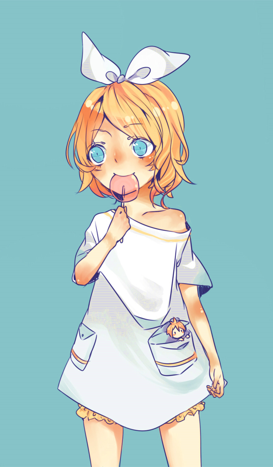 1boy 1girl blonde_hair bloomers blue_eyes bow candy chibi child hair_bow hair_ribbon kagamine_len kagamine_rin lollipop miniboy oversized_clothes ribbon short_hair simple_background underwear vocaloid young younger