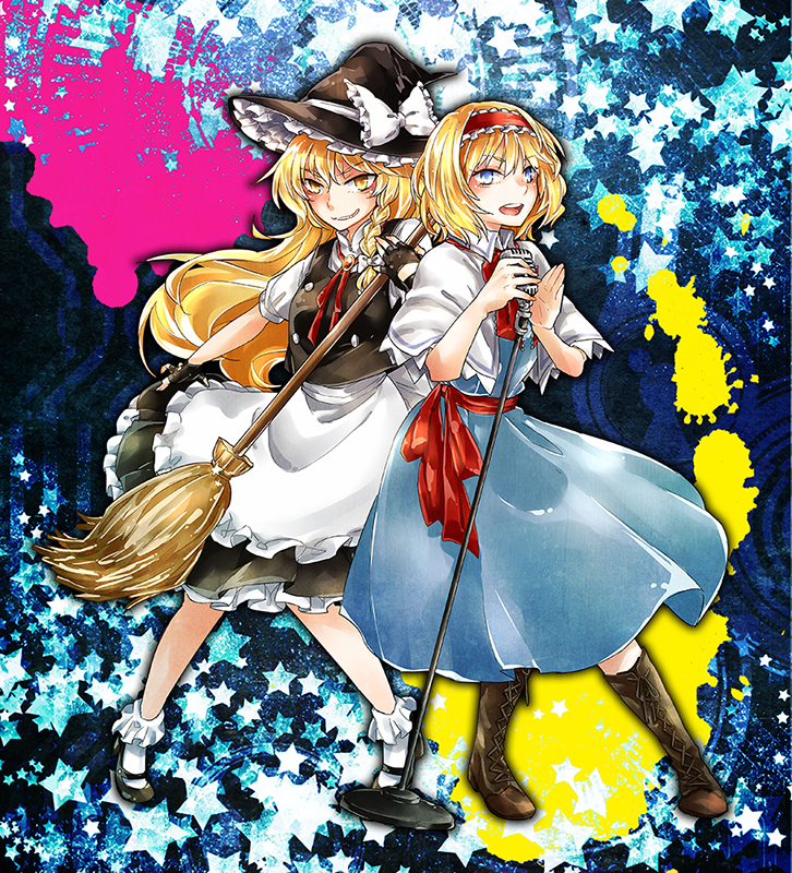 alice_margatroid blonde_hair blue_eyes boots bow braid broom capelet dress hair_bow hairband hat kikuichi_monji kirisame_marisa long_hair microphone microphone_stand multiple_girls short_hair smile touhou vintage_microphone witch_hat yellow_eyes