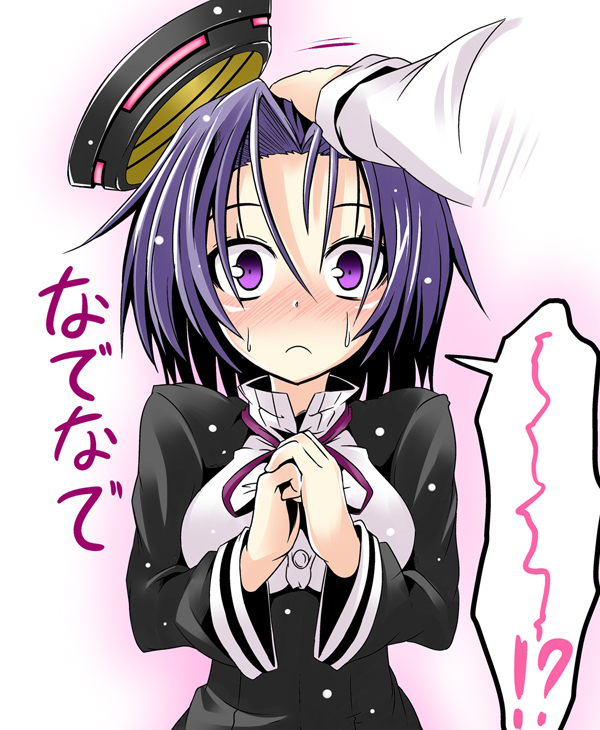 :c black_dress blush dress hand_on_another's_head hat ichimi kantai_collection long_sleeves mechanical_halo out_of_frame petting purple_eyes purple_hair school_uniform shocked_eyes solo_focus sweat tatsuta_(kantai_collection) translated