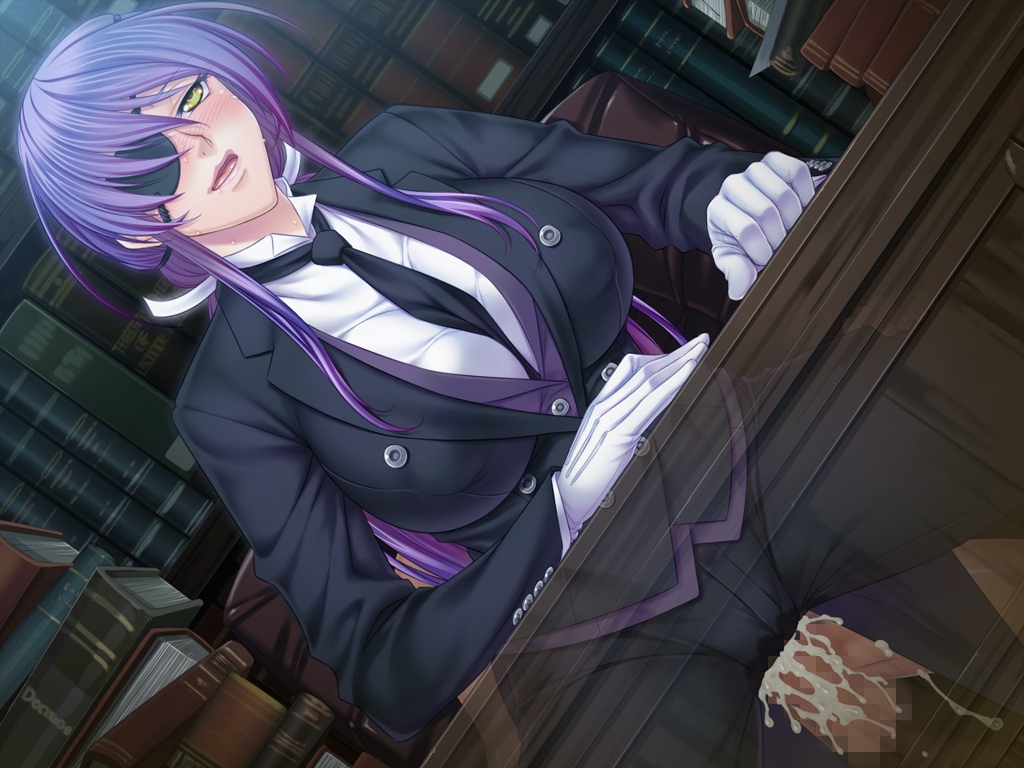 1boy 1girl black_lilith blush book breasts butler censored chair clothed_sex covered_nipples cum cum_in_pussy erect_nipples eyepatch female formal game_cg gloves hetero highres kagami_hirotaka large_breasts long_hair necktie onmyou_kishi_towako onmyou_kishi_towako:_hebi_kami_no_inma_choukyou open_mouth penis purple_hair sex shiki_reika sitting sitting_on_person suit sweat table vaginal yellow_eyes