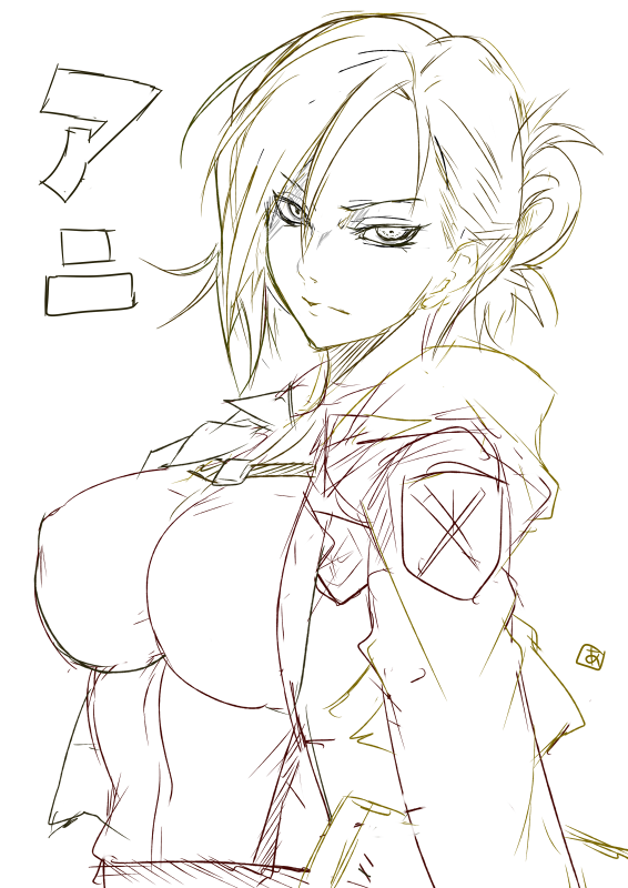 alternate_breast_size angry annie_leonhardt breasts large_breasts looking_at_viewer monochrome non-web_source shingeki_no_kyojin solo