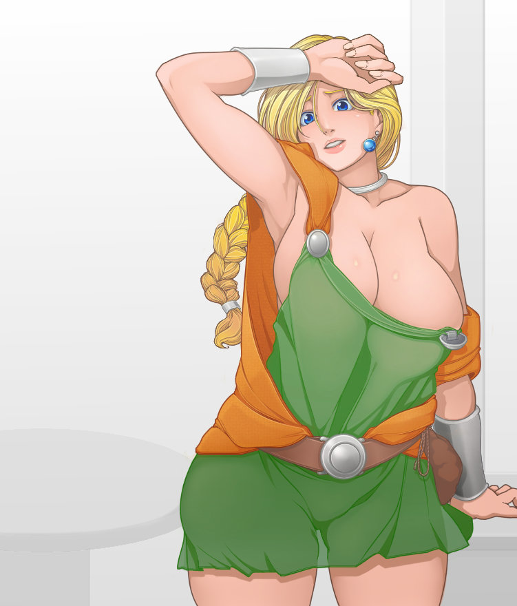 aratama_(a-tama) belt bianca blonde_hair blue_eyes braid breasts cape cleavage cowboy_shot curvy dragon_quest dragon_quest_v dress earrings green_dress huge_breasts jewelry lips long_hair looking_at_viewer open_mouth see-through short_hair simple_background single_braid solo