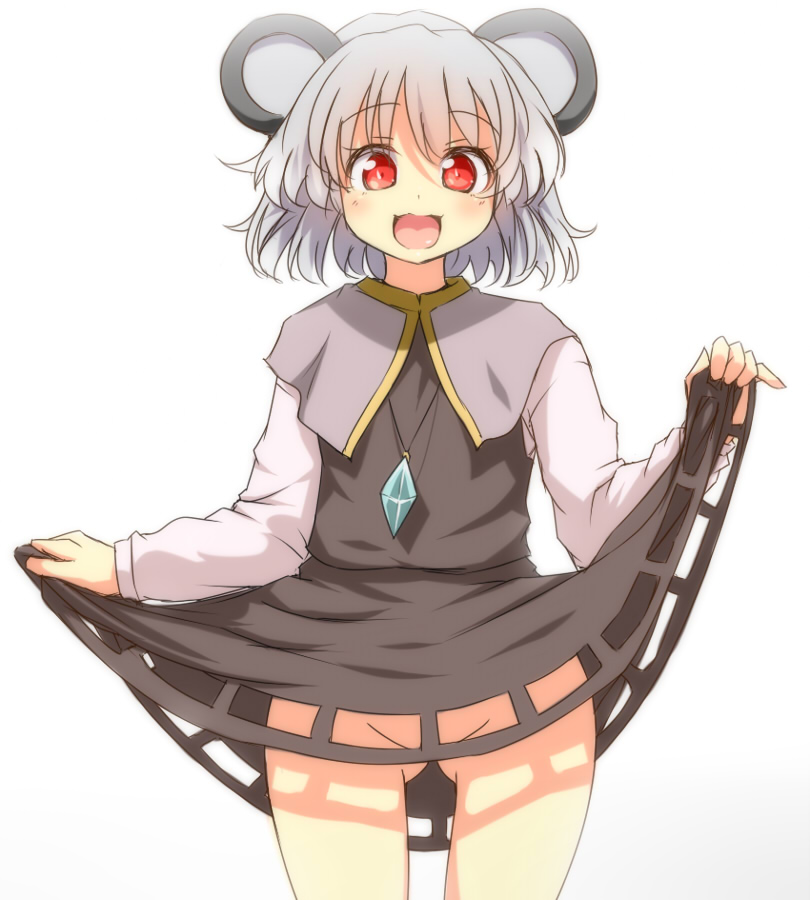animal_ears capelet convenient_censoring gem grey_eyes jewelry mouse_ears nazrin necktie no_panties open_mouth pendant red_eyes skirt skirt_lift skirt_set smile solo tori_(minamopa) touhou
