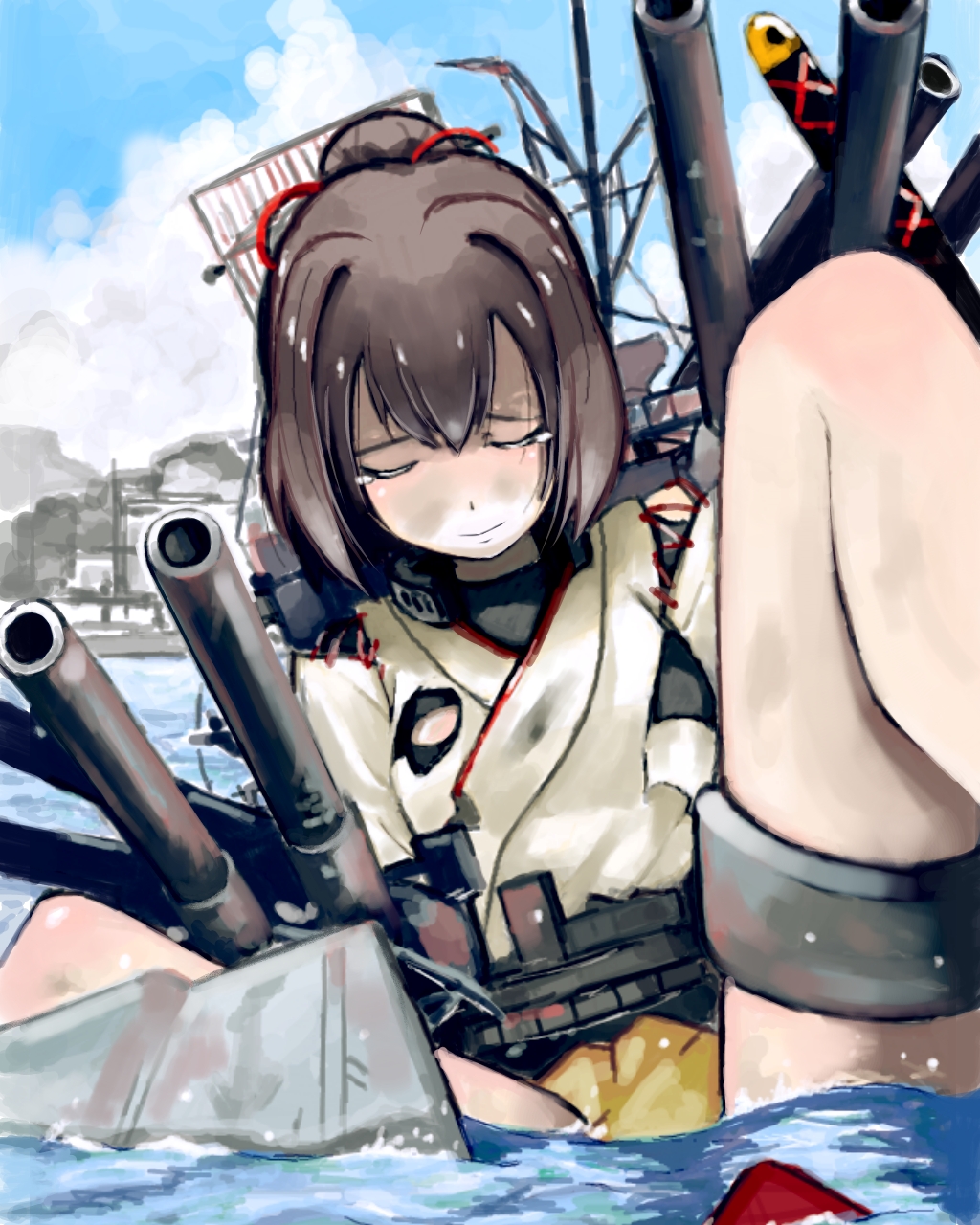 brown_hair closed_eyes cloud day highres ise_(kantai_collection) kantai_collection mistrail partially_submerged ponytail short_hair sitting sky solo tears turret water