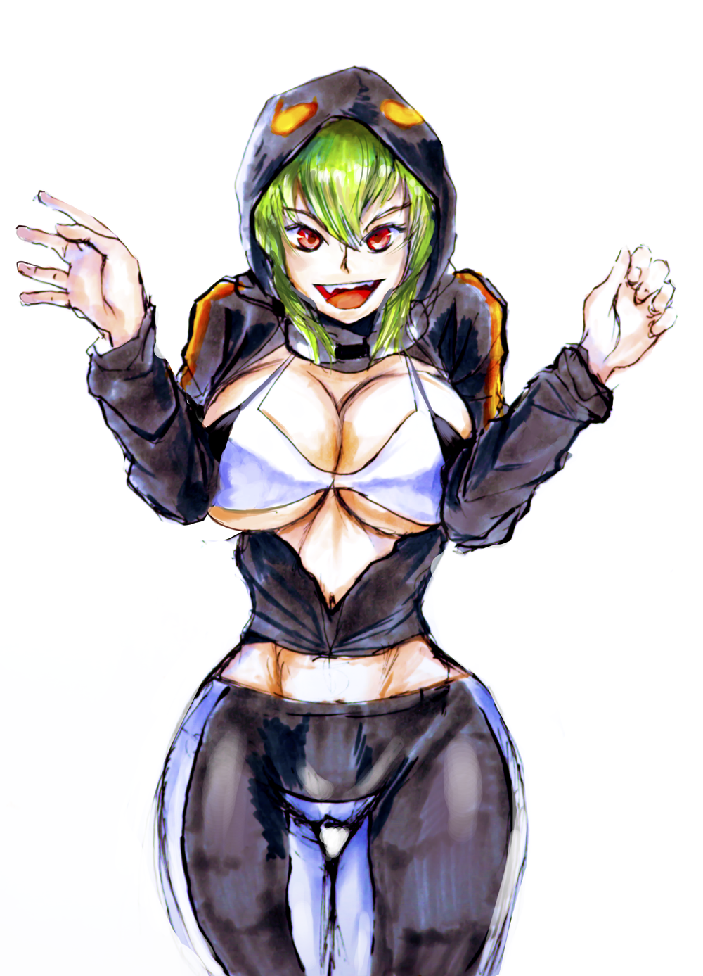 alternate_breast_size bike_shorts bikini_top breasts cleavage digimon digimon_world_re:digitize drawfag fang green_hair highres hood hoodie huge_breasts jacket marker_(medium) navel open_clothes open_jacket open_mouth red_eyes shinomiya_rina slender_waist solo thigh_gap traditional_media underboob white_background