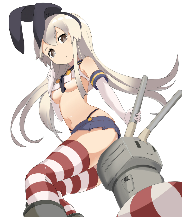 bad_id bad_pixiv_id boots breasts brown_eyes brown_hair elbow_gloves from_below gloves kantai_collection lifebuoy long_hair looking_down medium_breasts midriff miniskirt navel panties rensouhou-chan ribbon shimakaze_(kantai_collection) sitting skirt solo striped striped_legwear tamakorogashi thighhighs underboob underwear