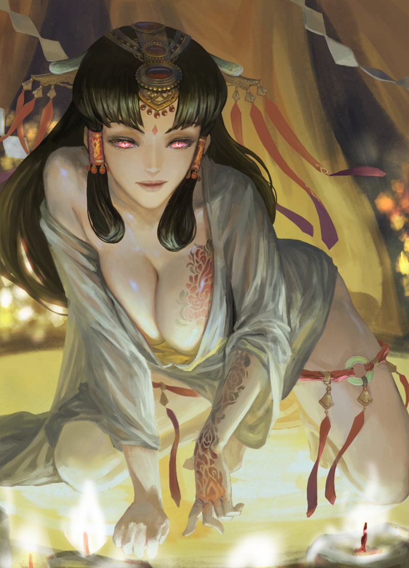 all_fours breasts candle character_request cleavage collaboration fire gunryuu_sangoku-den headdress large_breasts leaning_forward long_hair looking_at_viewer off_shoulder red_eyes shide solo tattoo very_long_hair xiaji yang_yang_(tigu)