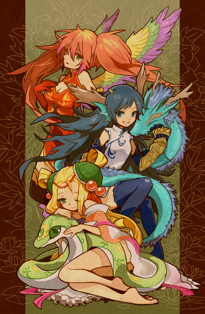 barefoot blonde_hair blue_hair breasts china_dress chinese_clothes cleavage cleavage_cutout dragon dress gauntlets green_eyes grin head_fins highres karin_(p&amp;d) leilan_(p&amp;d) long_hair medium_breasts meimei_(p&amp;d) multicolored multicolored_wings multiple_girls one_eye_closed puzzle_&amp;_dragons red_hair smile snake tasuku_(bixbite) turtle_shell twintails wings