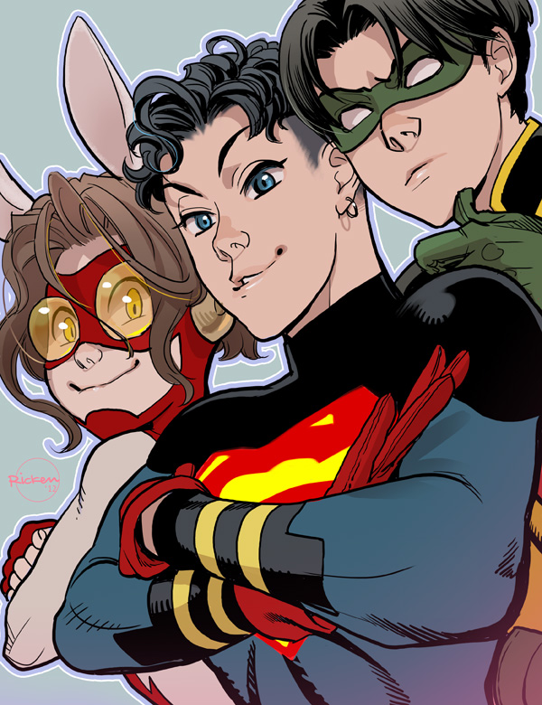 animal_ears aqua_eyes bart_allen black_hair blank_eyes blue_background bodysuit brown_hair bunny_ears crossed_arms curly_hair dc_comics earrings eyelashes fingerless_gloves gloves goggles hand_on_own_chin impulse jewelry lips looking_down messy_hair multiple_boys muscle parted_lips red_gloves ricken robin_(dc) signature simple_background skin_tight superboy superhero tim_drake young_justice
