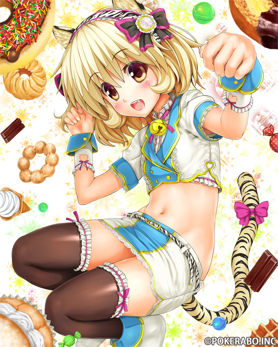 animal_ears baumkuchen bell blonde_hair blush candy chocolate crop_top doughnut endou_hiroto fang flat_chest food hairband highres ice_cream ice_cream_cone jingle_bell kitkat makai_gakuen_catastrophe midriff navel official_art pon_de_ring shiny shiny_skin short_hair skirt soft_serve solo sprinkles stomach sweets tail thighhighs tiger_ears tiger_tail yellow_eyes