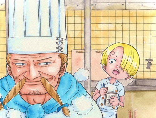 2boys apron baratie blonde_hair chef chef_hat child east_blue facial_hair hair_over_one_eye hat kitchen lowres male male_focus multiple_boys mustache notebook one_piece pen sanji sink young younger zeff
