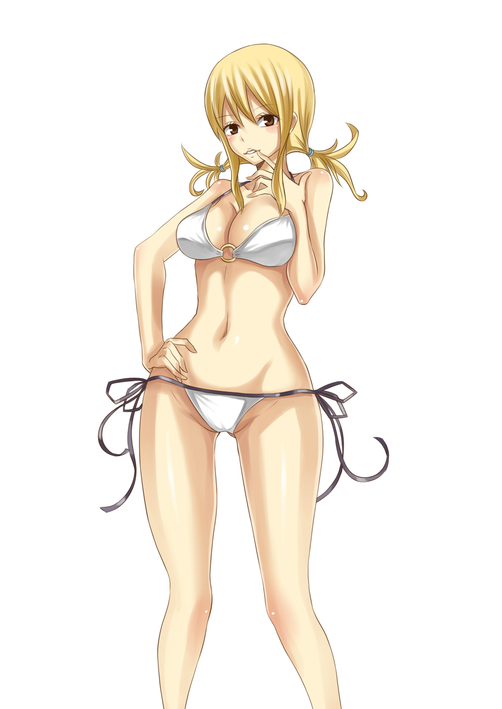 1girl bare_shoulders bikini blonde_hair breasts brown_eyes cleavage fairy_tail finger_to_mouth hand_on_hip hands hips large_breasts legs long_hair looking_at_viewer lucy_heartfilia mound_of_venus parted_lips pose simple_background solo sora_(pixiv1106014) standing swimsuit thighs white_background