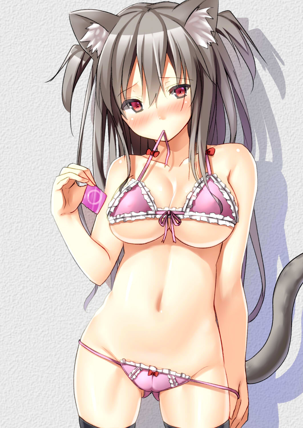 alexmaster animal_ears bra breasts cat_ears cat_tail cleavage condom frilled_bra frilled_panties frills grey_hair highres long_hair medium_breasts navel original panties panty_pull red_eyes shiny shiny_skin solo strap_pull tail two_side_up underwear underwear_only