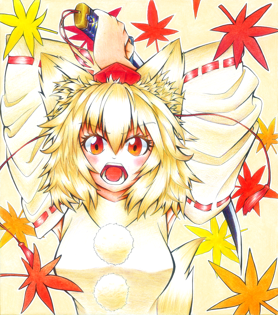 anaakikutushita animal_ears armpits autumn_leaves ballpoint_pen_(medium) blonde_hair breasts colored_pencil_(medium) detached_sleeves fighting_stance gradient gradient_background hat inubashiri_momiji leaf looking_at_viewer maple_leaf medium_breasts millipen_(medium) open_mouth pom_pom_(clothes) red_eyes short_hair solo sword tail tokin_hat touhou traditional_media weapon wolf_ears wolf_tail