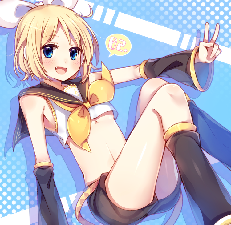 :d bad_id bad_pixiv_id black_legwear blonde_hair blue_eyes detached_sleeves kagamine_rin kneehighs midriff moe_on_drop number open_mouth sailor_collar short_hair short_shorts shorts smile solo speech_bubble v vocaloid