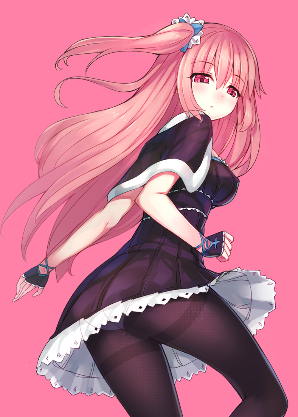 ass dress emily_stock fingerless_gloves frills gloves highres long_hair looking_back one_side_up original panties panties_under_pantyhose pantyhose pink pink_background pink_eyes pink_hair ririko_(zhuoyandesailaer) simple_background solo thighband_pantyhose underwear upskirt