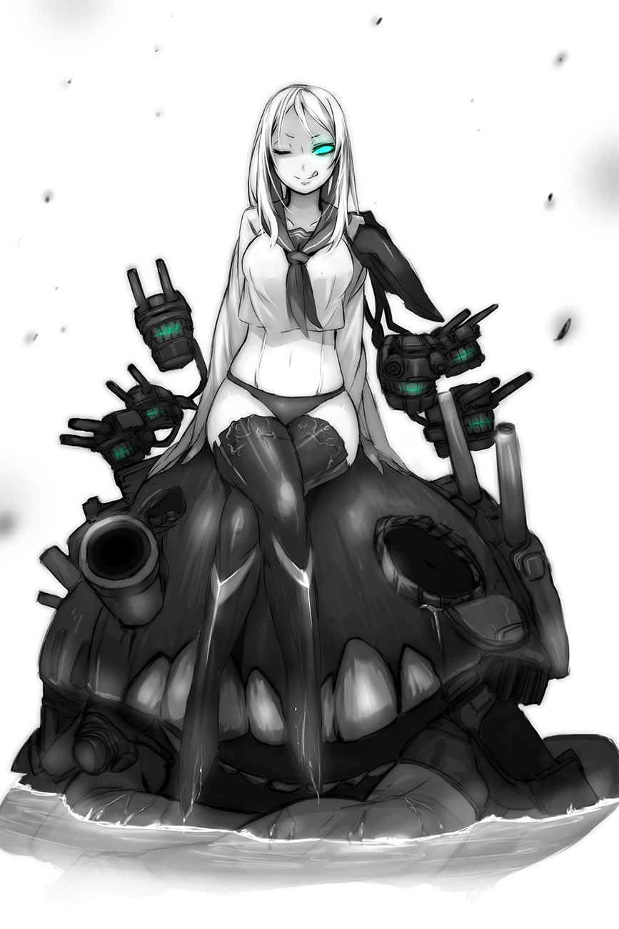 :p blue_eyes boots breasts crossed_legs ganesagi glowing glowing_eyes greyscale highres kantai_collection large_breasts looking_at_viewer monochrome monster no_pants nu-class_light_aircraft_carrier one_eye_closed partially_submerged school_uniform serafuku shinkaisei-kan sitting sitting_on_head sitting_on_person solo_focus spot_color ta-class_battleship thighhighs tongue tongue_out turret wet