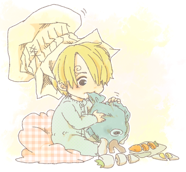 1boy blonde_hair chef_hat child hat lou_(usopo) male male_focus one_piece pixiv_thumbnail resized sanji sitting solo toy young younger