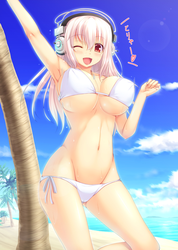 ;d arm_up armpits beach bikini bouncing_breasts breasts day headphones jewelry large_breasts lens_flare long_hair miyai_sen motion_lines navel necklace nitroplus one_eye_closed open_mouth palm_tree perky_breasts pink_hair red_eyes shiny shiny_skin side-tie_bikini skindentation smile solo star super_sonico swimsuit tree white_bikini