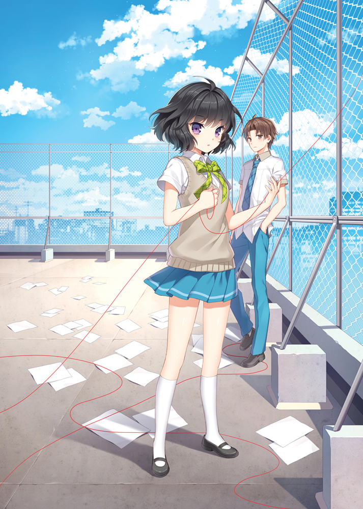 1girl black_hair blue_sky bow brown_eyes brown_hair chain-link_fence chiyoda_momose cloud cover cover_page day dress_shirt fence hands_in_pockets kneehighs looking_at_viewer mary_janes mole mole_under_eye nardack necktie nonomura_tsukumo novel_cover pants paper papers plaid plaid_bow plaid_ribbon pleated_skirt purple_eyes red_string ribbon rooftop school_uniform shirt shitsuren_tantei_momose shoes short_hair short_sleeves skirt sky string sweater_vest white_legwear