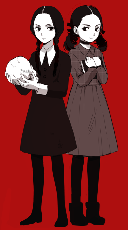 addams_family black_eyes black_hair book braid crossover dress esther_(orphan) momitarou multiple_girls orphan pantyhose red_background simple_background skull spot_color twin_braids twintails unmoving_pattern wednesday_addams
