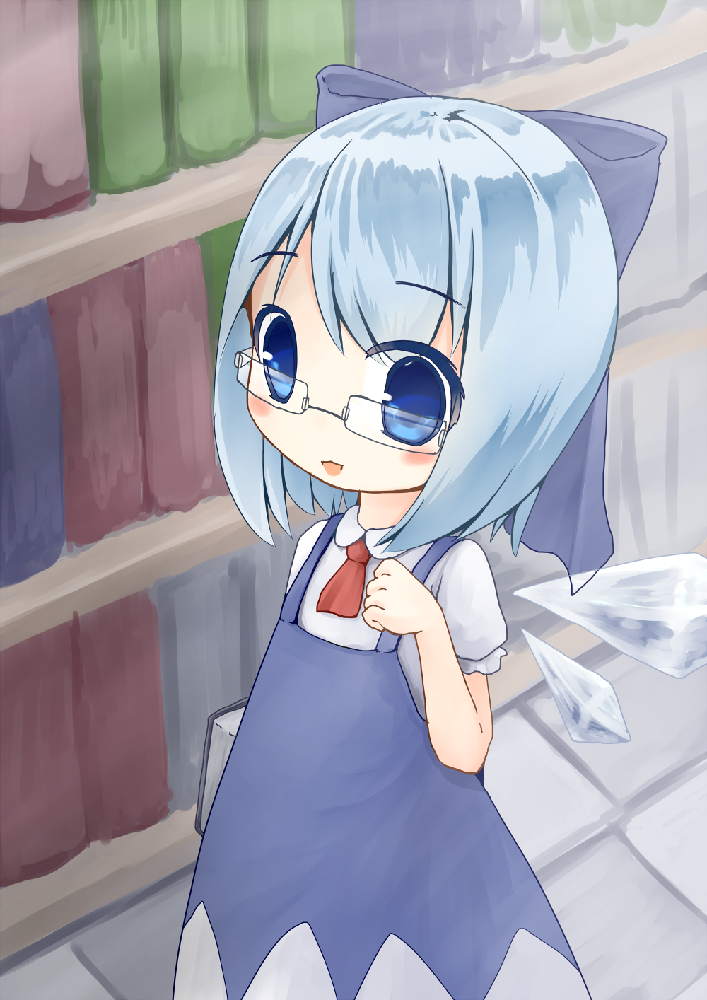 bespectacled blue_eyes blue_hair blush book bow cirno glasses hair_bow hair_ribbon necktie ribbon small_breasts smile tie touhou