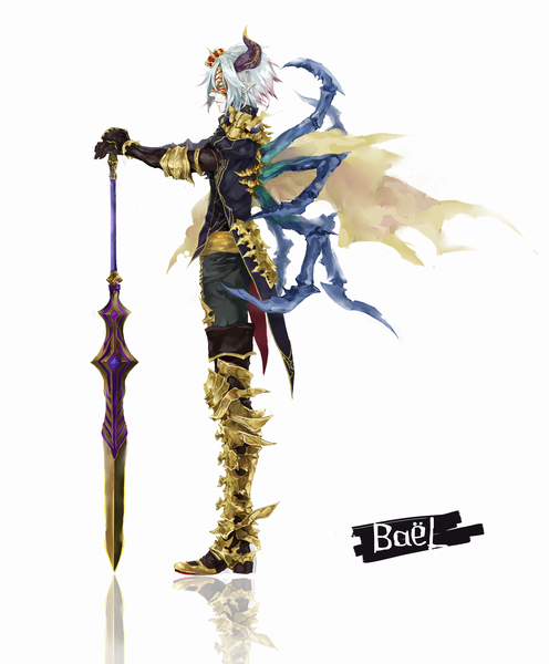 armor baal_(p&amp;d) cape demon_boy extra_legs greaves horns male_focus mask pointy_ears puzzle_&amp;_dragons solo sword toma_(imyplus) weapon white_hair