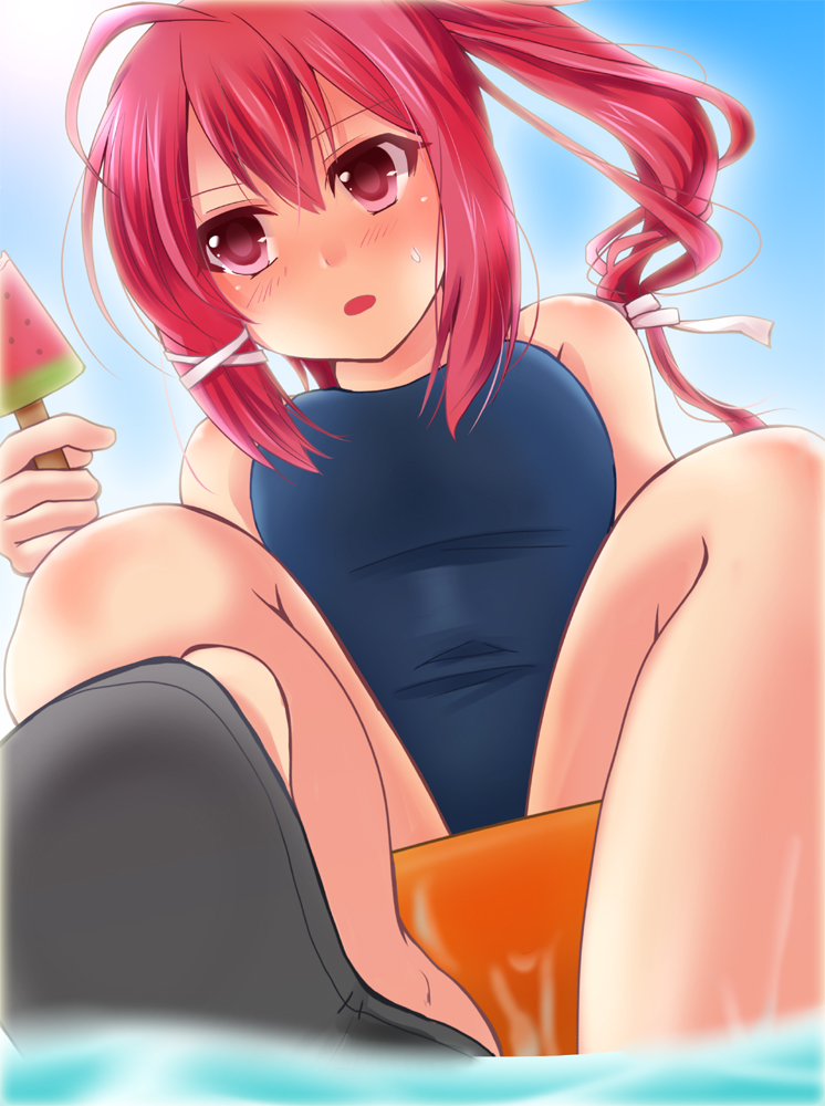 blush food hal_(harun) i-168_(kantai_collection) innertube kantai_collection long_hair one-piece_swimsuit open_mouth perspective ponytail popsicle red_eyes red_hair school_swimsuit solo swimsuit water watermelon_bar