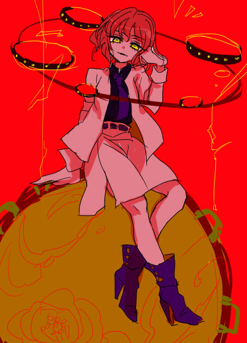 ankle_boots bad_id bad_pixiv_id boots drum full_body hand_on_own_head horikawa_raiko instrument jacket looking_at_viewer necktie purple_neckwear red_background red_hair shimana_(cs-ts-az) short_hair simple_background sitting sitting_on_drum sitting_on_object skirt smile solo touhou yellow_eyes