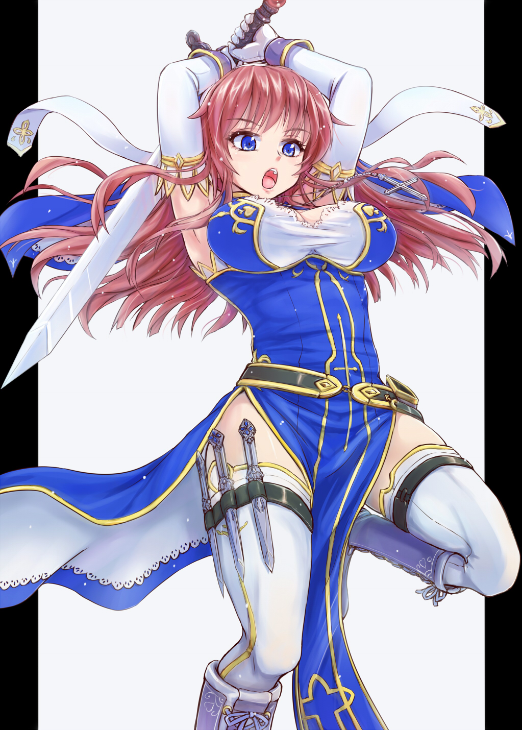 blue_eyes boots breasts brown_hair elbow_gloves gloves habit highres holster knife large_breasts long_hair nun open_mouth original pillarboxed pink_hair side_slit solo sword thigh_holster thigh_strap thighhighs tori@gununu weapon white_legwear