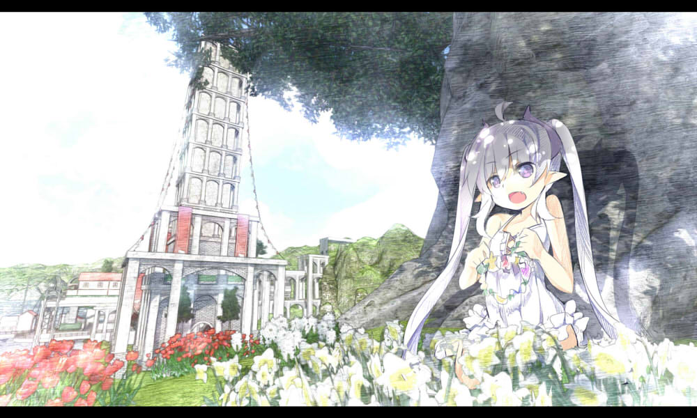 :o building daffodil day dress fang flower google_sketchup_(medium) letterboxed mofetousu_furuna original outdoors pointy_ears purple_eyes saru scenery sky solo tree tulip twintails under_tree white_hair wreath